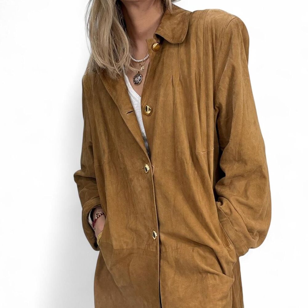 Vintage Tan suede trench coat with gold button up front, pockets, and a boho vib